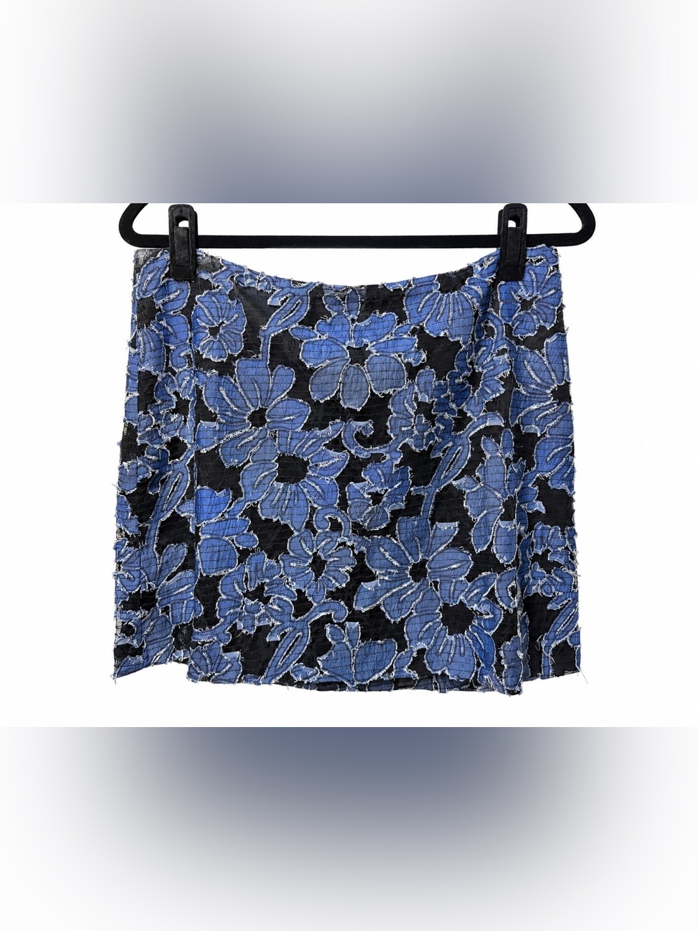 JBQ Adrienne Skirt Blue Denim Floral Appliqué Black Lace Women's L NWT